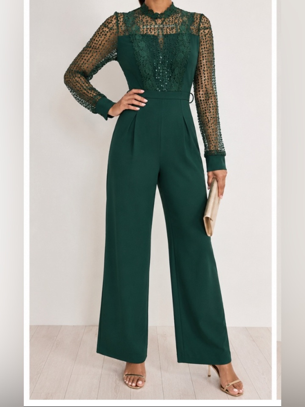 Elegant Forest Green Lace-Yoke Wide-Leg Jumpsuit